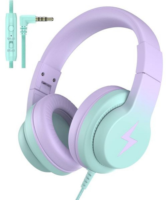[미국수입정품] Candy Bila 스토어 방문하기 아동용 헤드폰 마이크가 있는 유선 85/94dB 볼륨 리미터 여아 남아용 학습 및 엔터테인먼트를 위한 접이식 그라데이션 퍼, 라이트 퍼플, 라이트 퍼플