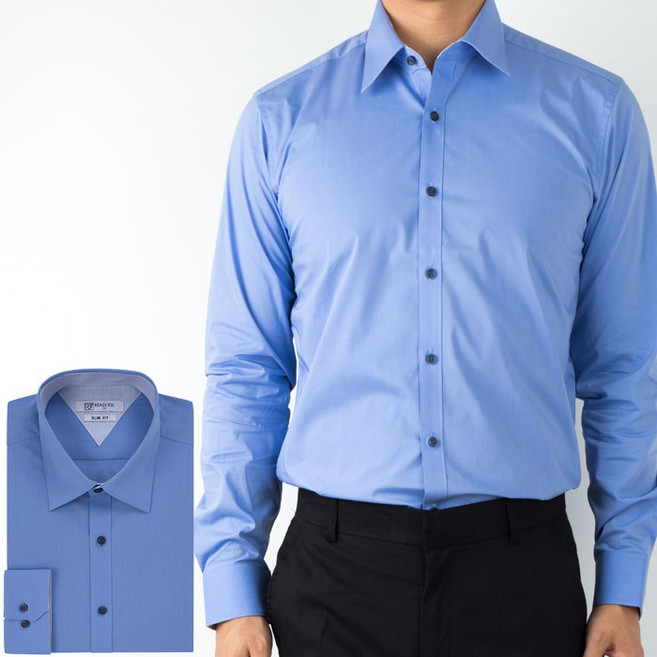 블루 배색 카라 슬림 스판 셔츠_RF1073