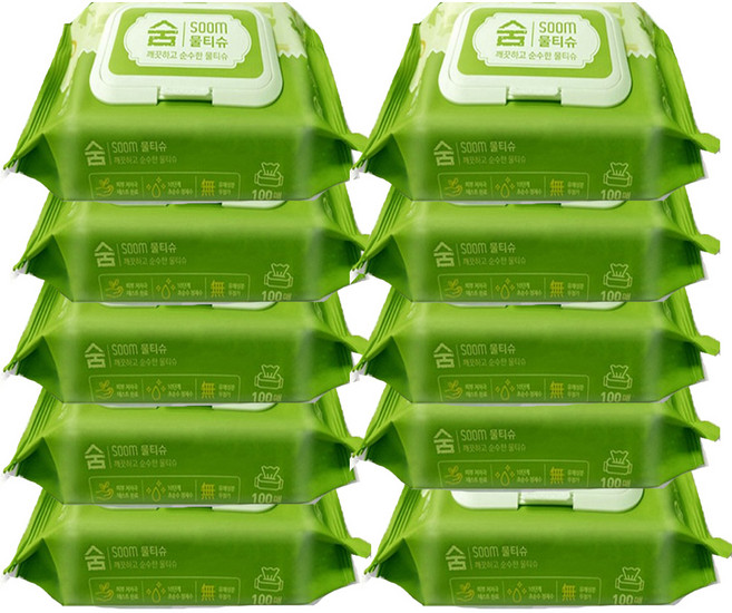 숨 물티슈 캡형, 100매, 10개