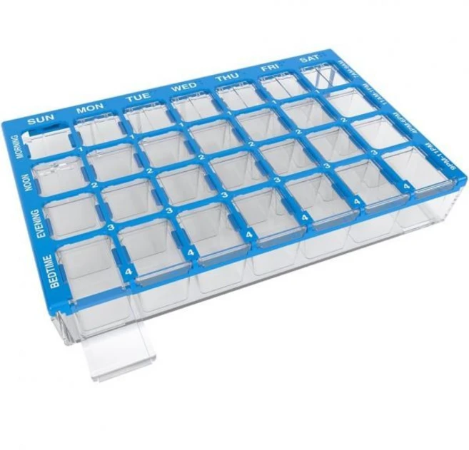 이지 도즈 알약 정리함 주간7일 메디신 플래너 비타민 박스 필 트레이 케이스가 있는 작은 수납공간 하루 4회 사용하기 쉬운 용기 투명 뚜껑 파란색 BPA 프리, Small, Blue, 1개 - 쿠팡