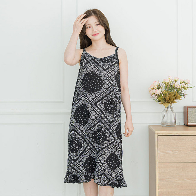 아킵 [넉넉한 루즈핏] 시원한 냉감 끈 프릴 원피스 홈웨어 여름 잠옷