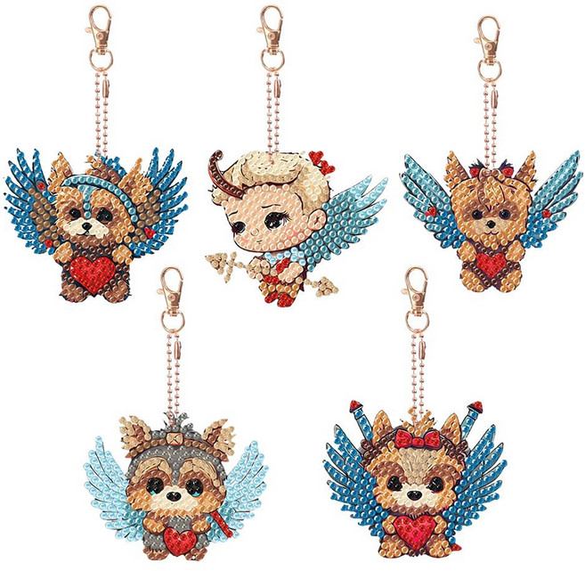 캐릭터 패턴 보석 십자수 키링 세트 diy 열쇠 고리 포함 비즈 큐빅 장식 참 만들기 액세서리 공예 취미, 1세트, S99005C(엔젤 5종