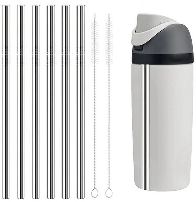 Owala 물병과 호환되는 금속 교체 빨대 473.2ml(16온스) 재사용 가능한 금속 빨대 6개 클리너 브러시 2개 Owala 473.2ml(16온스)와 호환 재사용, 16 oz