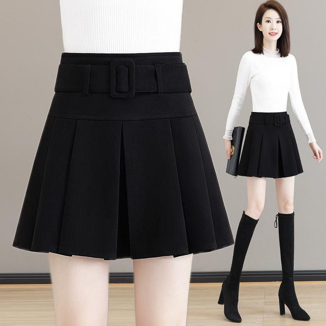 新款毛呢百褶裙女高腰显瘦半身a字裙防走光短裙蓬蓬伞裙無品牌