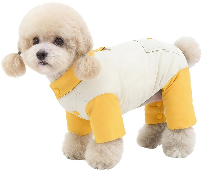 쭌스타 강아지 패딩 일체형 반려동물 겨울옷 올인원 하네스 고리 기모 방한복 애견옷, 1개, 옐로우