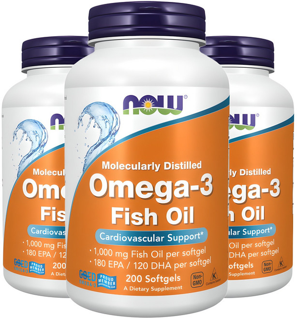 NOW Foods Omega-3魚油軟膠囊 1000mg, 200錠, 3個