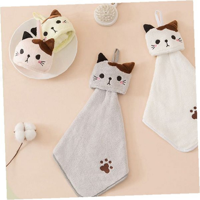 고양이 캐릭터 주방 핸드타월 키친 행주 수건 고리형 걸이 타올 귀여운 동물 디자인 부드러운 흡수력 필수, 핑크, 1개