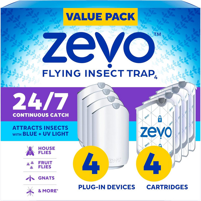 Zevo 플라잉 곤충 트랩 2개와 리필 카트리지 2개 - 파리 및 실내 벌레잡이 플러그인 날벌레 집파리 과일파리 블루 UV 라이트 기술 벌레 재퍼의 잡동사니 없는 대안, 4 Devices &, 1