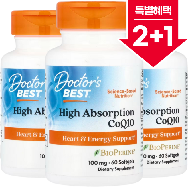 2+1 닥터스베스트 고흡수 CoQ10 100mg 소프트젤 60정 흑후추추출물 유비퀴논 함유 / 해외직구 미국정품, 3개