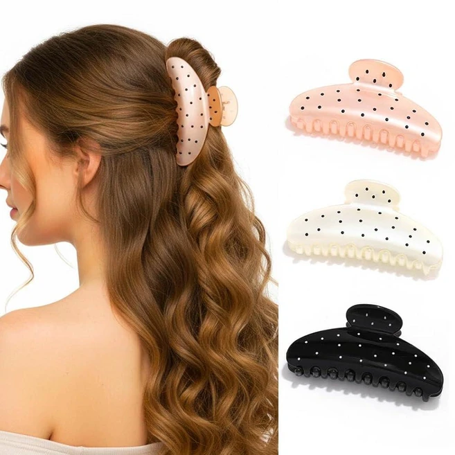 Campsis 아크릴 헤어 클로 클립 물방울 무늬 턱 클립 미디엄 헤어 클립 헤어 액세서리 여성용 (3팩) - 쿠팡