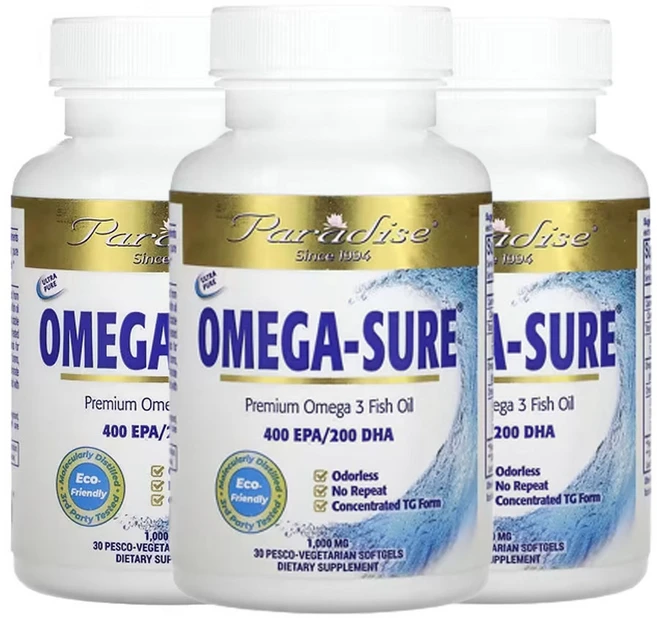 파라다이스허브 오메가슈어 오메가3 농축물 1 000mg 페스코 베지 소프트젤 30정, 3팩 - 쿠팡