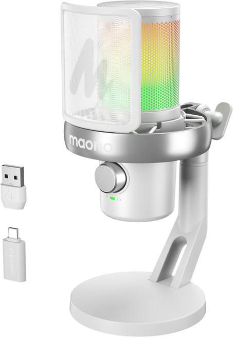 마오노 무선 AI 음성변조 원터치 노이즈캔슬링 음소거 콘덴서 마이크 게이밍 방송용 스트리밍 보컬용 DM40, 탁상형, 화이트, DM40 Pro