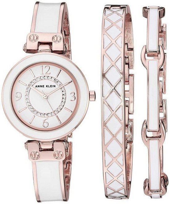 Anne Klein 여성용 프리미엄 크리스털 손목시계 팔찌 세트 로즈 골드/화이트
