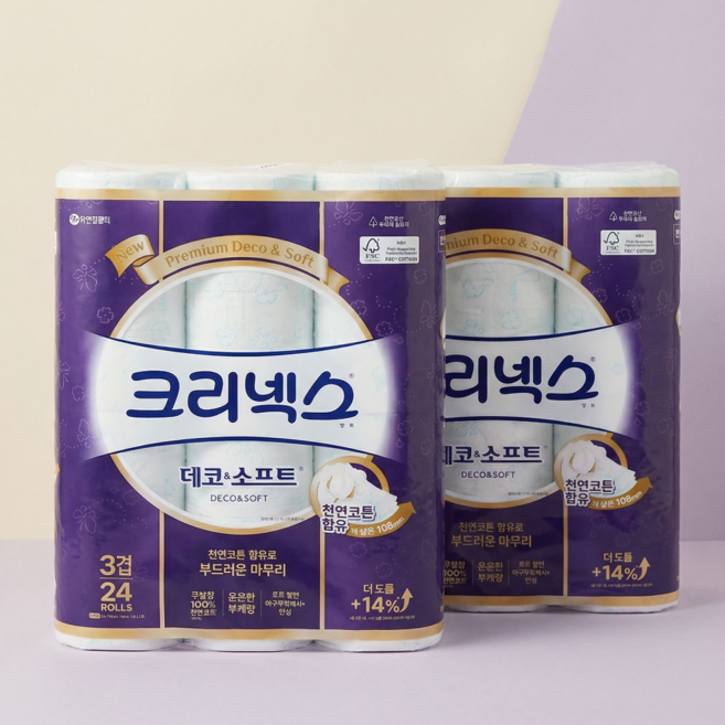 크리넥스 데코앤소프트 화이트 와이드 3겹 천연펄프 화장지 33m, 35m, 24개입, 2개