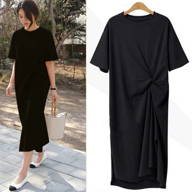 후암마켓 여자 꼬임 루즈핏 라운드 반팔 롱 원피스