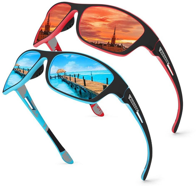 KUGUAOK 남성용 편광 스포츠 선글라스 2팩 운전 사이클링 낚시 선글라스 100% 자외선 차단 고글 블랙+블루 2팩 122344, 블루+레드 2팩