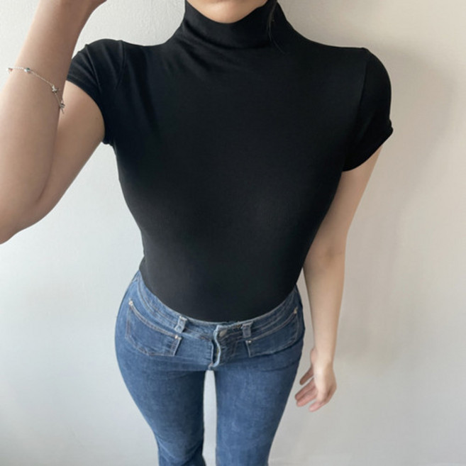 3부 하프넥 반 폴라 스판 슬림핏 반팔 티셔츠 4컬러