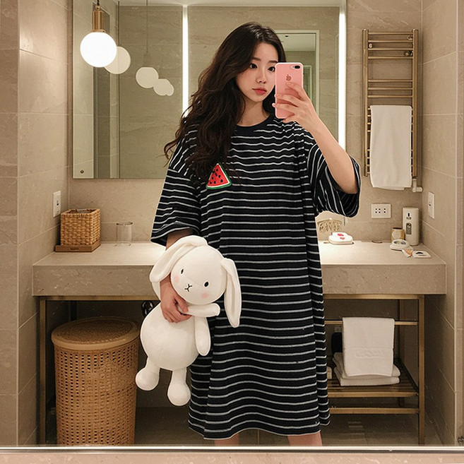 시즈올 스트라이프 홈웨어 원피스 여성 빅사이즈 반팔 잠옷 임산부 파자마