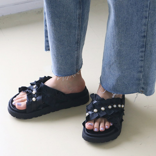 프롬슈 프릴 크로스 엑스자 여름 여자슬리퍼 샌들 예쁜 발편한 핏픕랍 여성여름신발