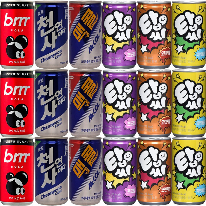 일화 탄산음료 미니캔 6종 3개씩 (부르르콜라제로+천연사이다+맥콜+탑씨포도+탑씨오렌지+탑씨파인애플), 18개, 190ml
