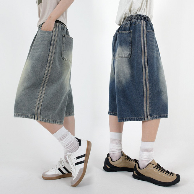 [오버나인] 여자 여성 두줄라인 여름 버뮤다 데님 밴딩 팬츠 반바지