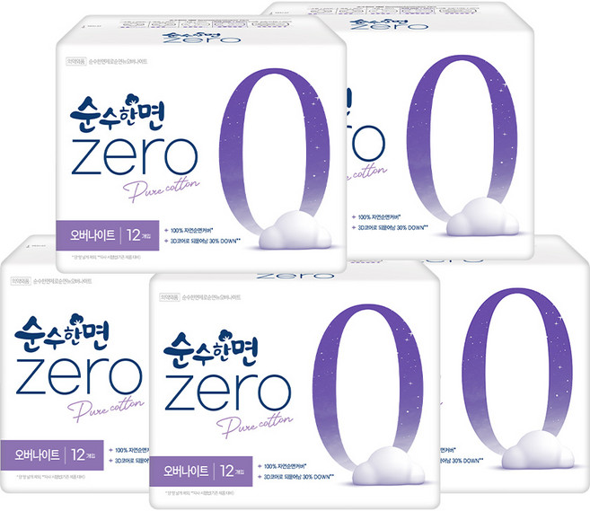 순수한면 제로 생리대 날개형, 오버나이트, 12개입, 5개