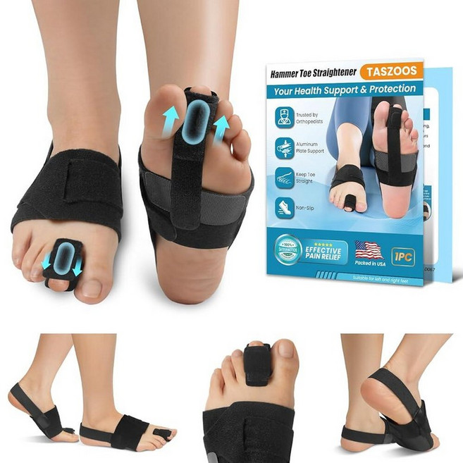TASZOOS Hammer Toe 스트레이트너 - 여성 및 남성용 미끄럼 방지 해머 토 교정기 컬 구부러짐 부러진 지지력을 위한 조절 가능한 발가락 부목 완화 (압박 풋 랩 1