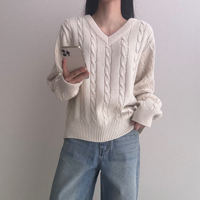 파츠 여성용 여리핏 브이넥 꽈배기 루즈핏 니트 스웨터
