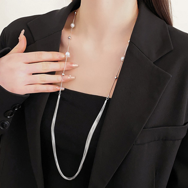 티큐 여성 유니크 실버 진주 체인 레이어드 롱 목걸이 A1877