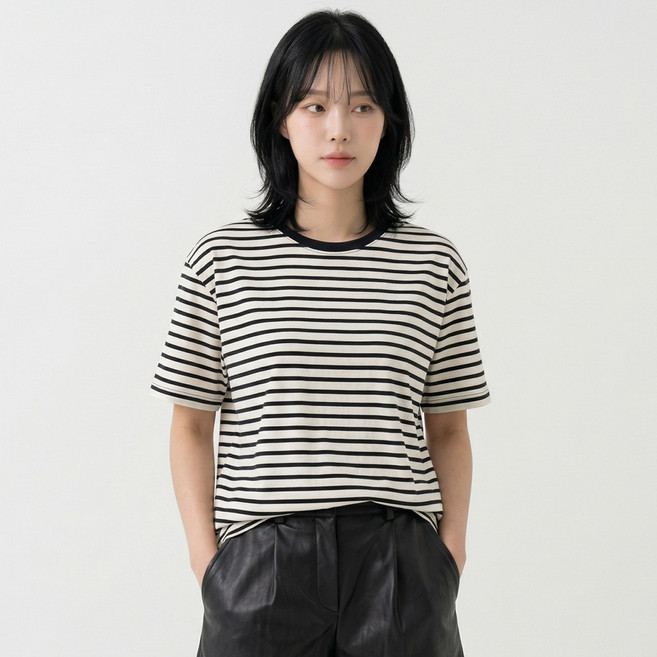 엠제이스타 여성용 베이직 줄무늬 라운드넥 스트라이프 반팔 티셔츠 5color