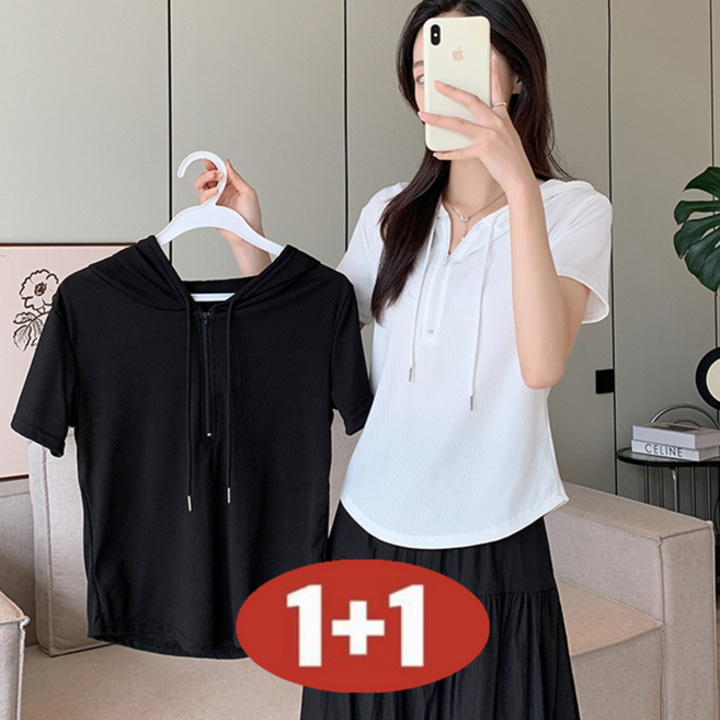 여성용 여름 1+1 초특가 쿨링감 숏 슬림핏 날씬해 보이는 집업 캐주얼 반팔 후드티