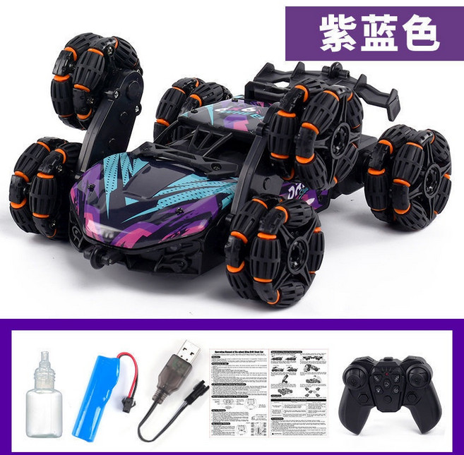 六輪合金噴霧特技遙控車 酷炫燈光漂移攀爬車, 1個, 六輪攀爬車【紫藍】噴霧【手柄】, 紫藍