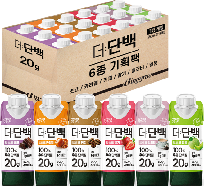 빙그레 더단백 드링크 프로틴음료 6종 기획(초코 카라멜 커피 딸기 밀크티 멜론) 총 18개, 250ml