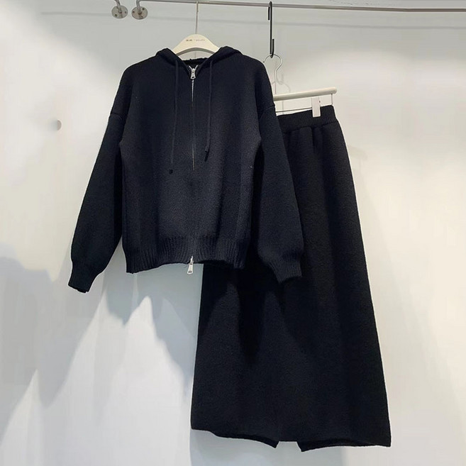 FANSYLI 여성 가을 겨울 니트 세트 심플 루즈핏 후드 니트 카디건+하이웨스트 스커트 투피스 오피스룩 미디 집업 아우터 롱 스커트 세트 간절기 X2508A27