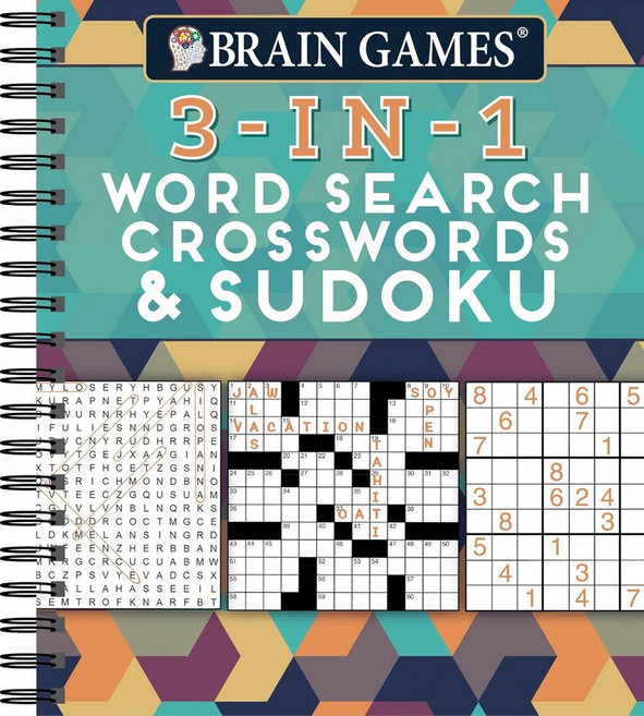 브레인 게임 - 3-in-1 퍼즐북: 단어 검색 크로스워드 & 스도쿠 256페이지 나선형 경계 성인 노인 청소년을 위한 대형 버라이어티 활동 도서, 스프링제본
