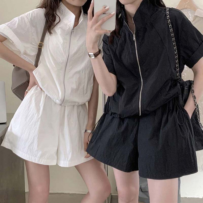 여성 집업 아노락 반팔+반바지 트레이닝 세트 여름 캐주얼 상하세트 스트링 얇은 바람막이 소재 운동세트 데일리룩 루즈핏 자외선 차단 투피스