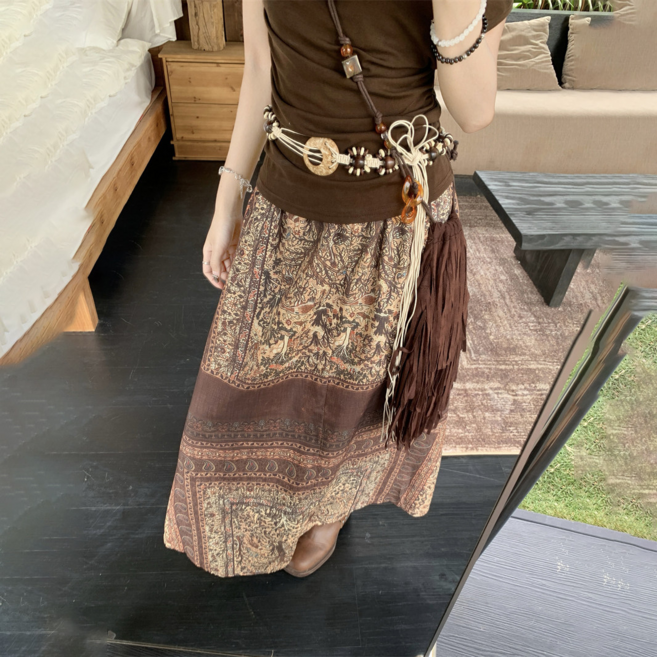 波西米亞風 套裝 撞色 斜肩 短袖T恤 半身裙 兩件套