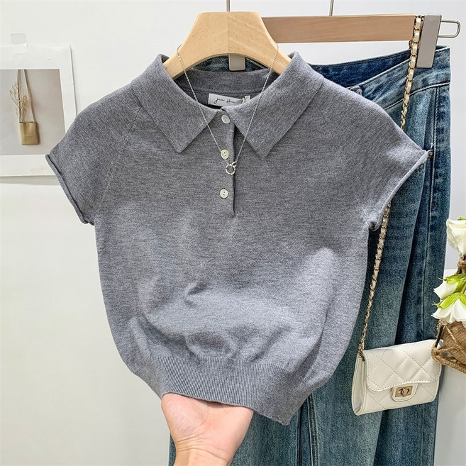 TKX 여성 반팔 니트 카라넥 슬림핏 베이직 심플 오피스 캐주얼 데일리 상의