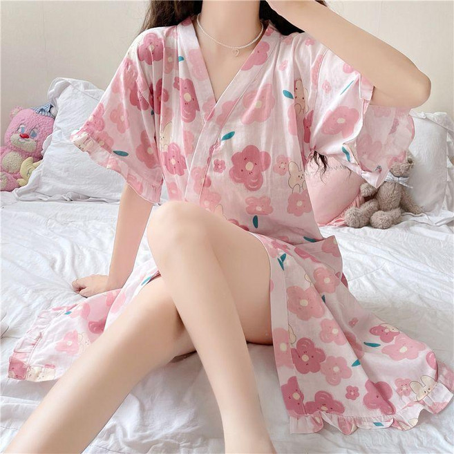 日系風 短袖睡袍 甜美家居服