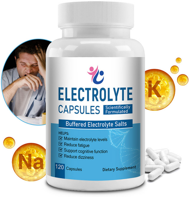 전해질 캡슐 - 나트륨 500mg 칼륨 100mg - 인지기능 지원 전해질 밸런스 유지 운동 및 일일 수분 공급 지원, 1개, 120회분