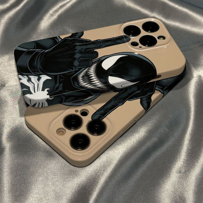 毒液黑色共生體手機殼 適用於 iPhone 7 Plus / 15 Pro Max / 16 Pro / 17 保護套, 1個, 毒液黑色共生體豎中指7c2e-菲林四包光面精孔-白色蘋果16e