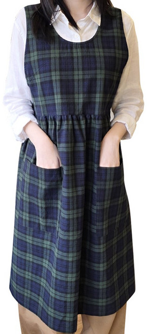 방가지똥 롱주름 단추없는 체크앞치마, 총기장 95, 1개