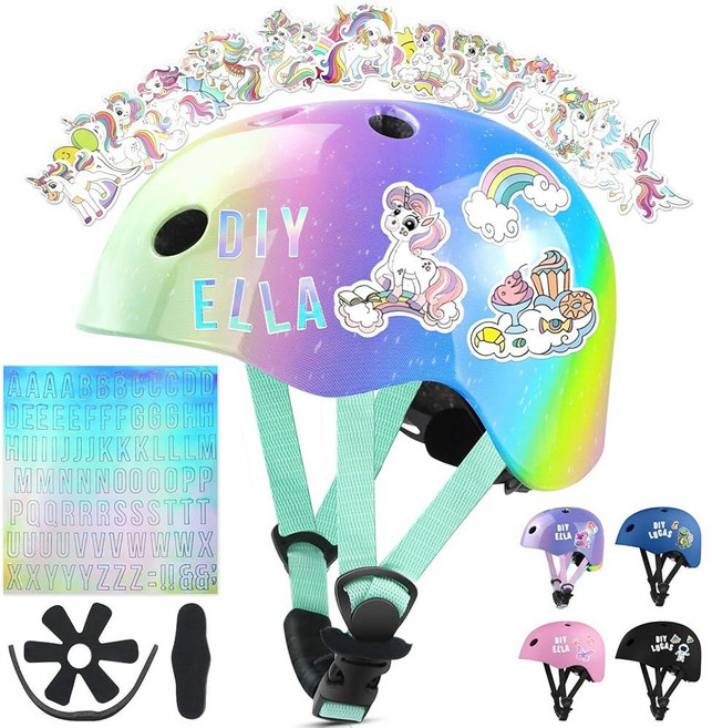 Vvinca 키즈 아동용 자전거 헬멧 만 1-2-3-4-5-6-7-8세용 DIY 스티커 포함 멀티 스포츠 스케이트보드 스쿠터 롤러 스케이트용 조절 가능한 생일 선물 어린이, 01 레인보우