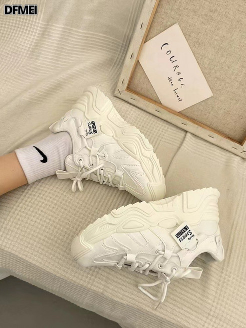 DFMEI 皮面老爹鞋女款年新款真皮厚底女鞋秋冬季增高休閒跑步鞋子