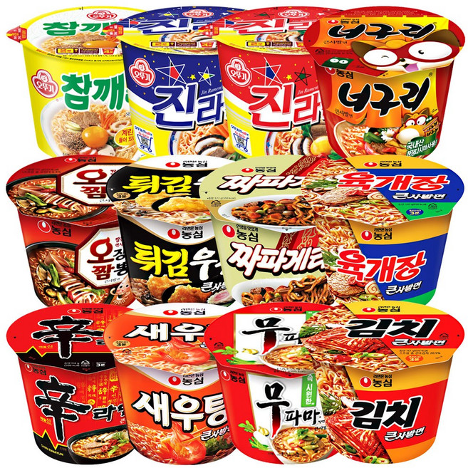 컵라면 큰컵 12종 (신라면+육개장+김치+무파마+새우탕+오징어짬뽕+튀김우동+짜파게티+너구리+진라면매운맛+진라면순한맛+참깨라면), 1박스