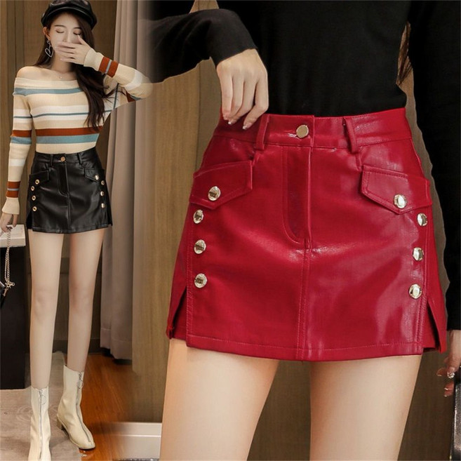 TKX 여성용 하이웨스트 PU 가죽 짧은 치마 금속 버튼 장식