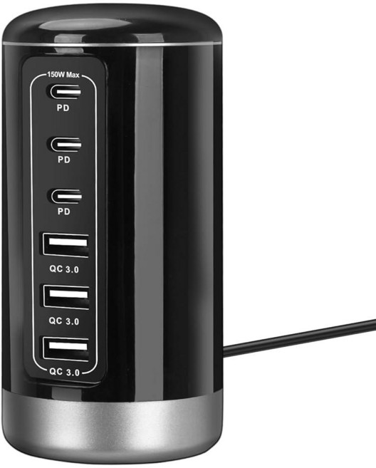 범용 USB 타워 고속 충전 스테이션 6포트 150W - 모든 시리즈 아이폰 갤럭시 노트 픽셀 아이패드 여러 장치용 다중 USB-C 포트가 있는 컴팩트한 공간 절약형 디자인
