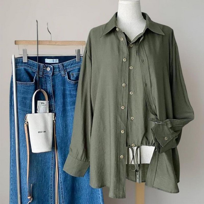 여성 단색 레이온 루즈핏 벌룬 소매 블라우스