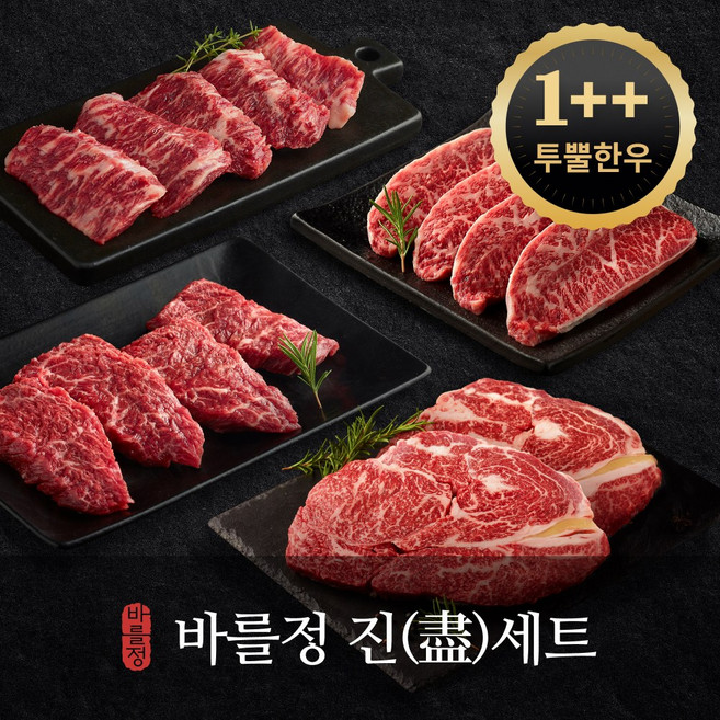 바를정한우 진세트 A 마장동 ++1등급 투뿔 안심 등심 채끝 부채살 치마살 한우 소고기 부모님 선물세트 구이용, 1세트