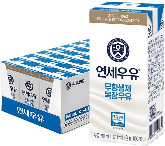 연세우유 무항생제 목장우유, 24개, 190ml